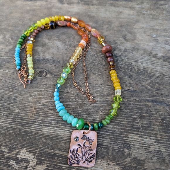 Hand Stamped Gemstone Gradient Dragonfly Necklace - Picture 3 of 10